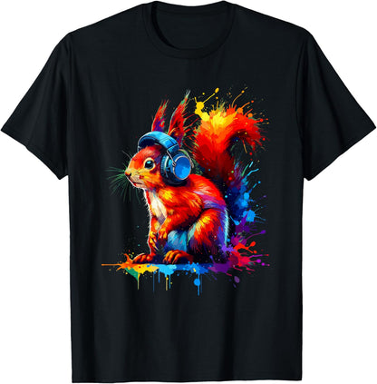 Colourful Splash Art Headphones with Red Squirrel , black T-Shirt
