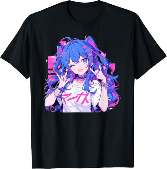 Anime Waifu Cute Manga Cat Girl Cute Retro Japanese , Black, S T-Shirt