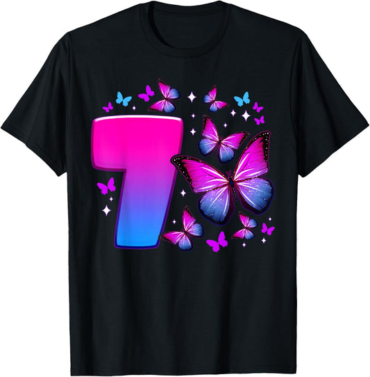 Birthday Girl 7 Years Old Butterfly Number 7 , black T-Shirt