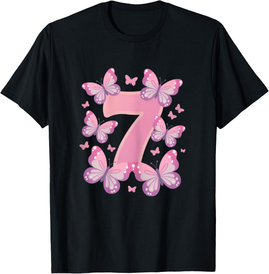 7th Birthday Girl 7th Birthday Butterflies 7 Years , black T-Shirt
