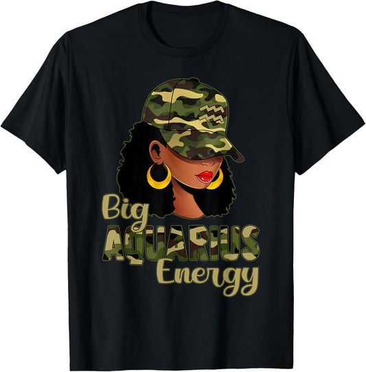 Big Aquarius Energy Black Woman Camo Cap Hat Zodiac Sign T-Shirt