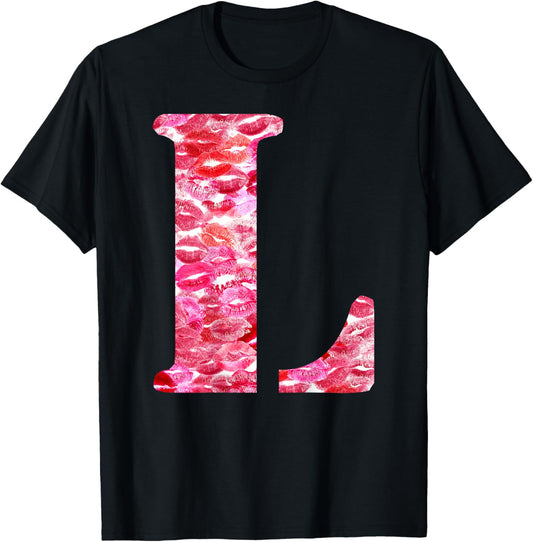 Back Print Only - Lipstick Kisses For Boyfriend Letter L , Black, S T-Shirt