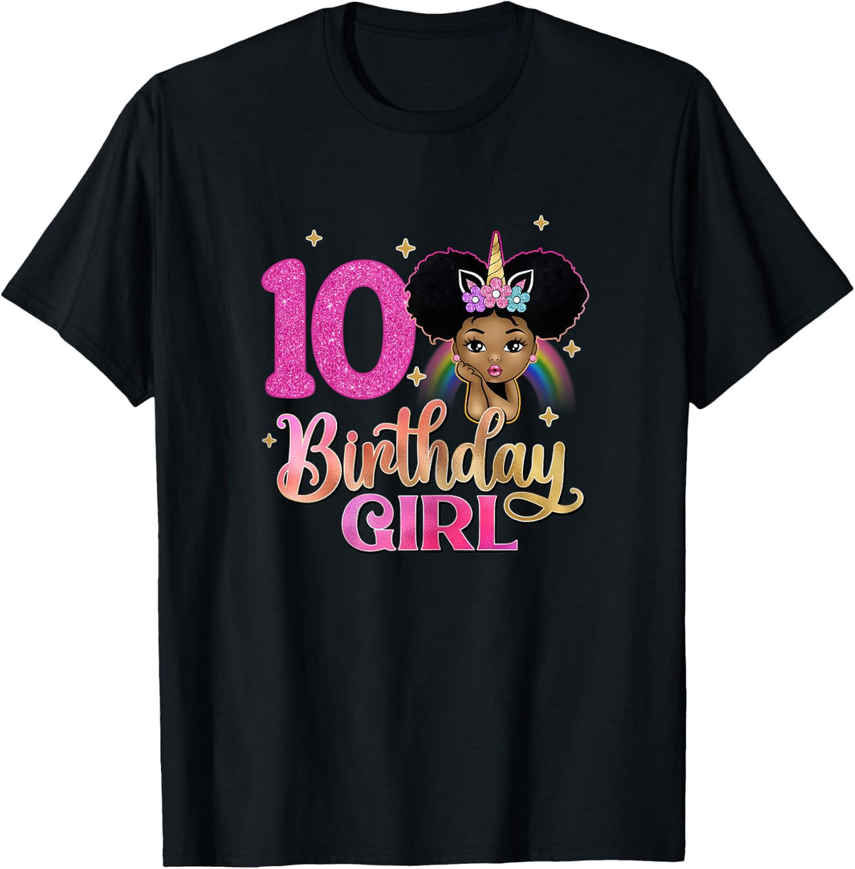 10th Birthday Girl Afro Melanin Unicorn Princess 10 Yrs Old T-Shirt