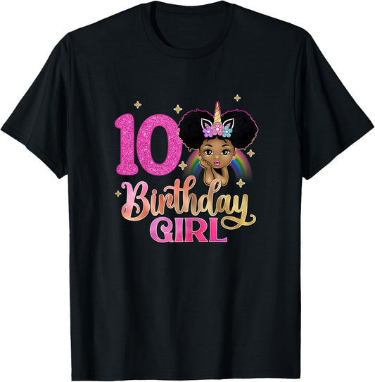 10th Birthday Girl Afro Melanin Unicorn Princess 10 Yrs Old T-Shirt
