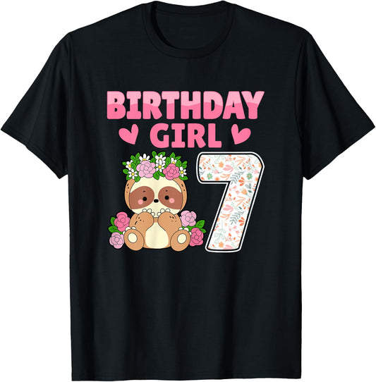 7th Birthday Party Sloth Lover 7 Years Old Birthday Girl T-Shirt