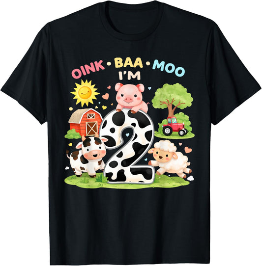 2nd Birthday Farm Theme Oink Baa Moo I'm 2 Birthday Toddler T-Shirt