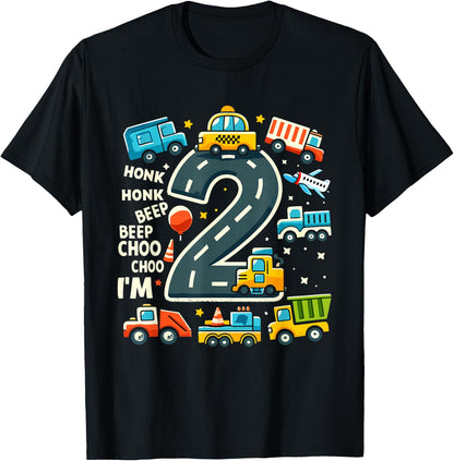 2 Year Old Birthday Boy Truck Car Transport , black T-Shirt