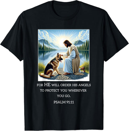 Jesus with Dogs Psalm 99 11- Jesus and a German Shepherd T-Shirt