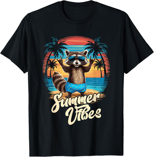 Beach Caribbean Party Hawaii Holiday Surfer Raccoon Summer , black T-Shirt