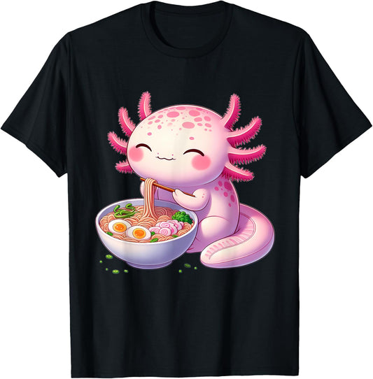 Anime Kawaii Axolotl Food Ramen Noodles Kids Teen Girls Boy , black T-Shirt