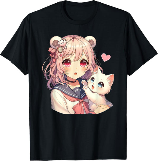 Anime Kawaii, girl with cute cat, adorable pink design, Otaku , Black, S T-Shirt