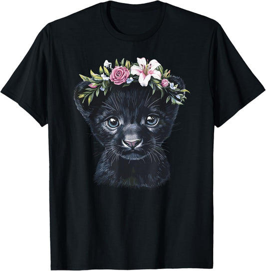 Adorable Black Panther Cub with Flower Crown T-Shirt