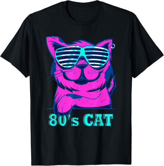 80s Colourful Retro Outfit Party Cat , black, s T-Shirt