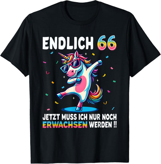 66th Birthday Gifts Woman Man Party Outfit Unicorn , black T-Shirt