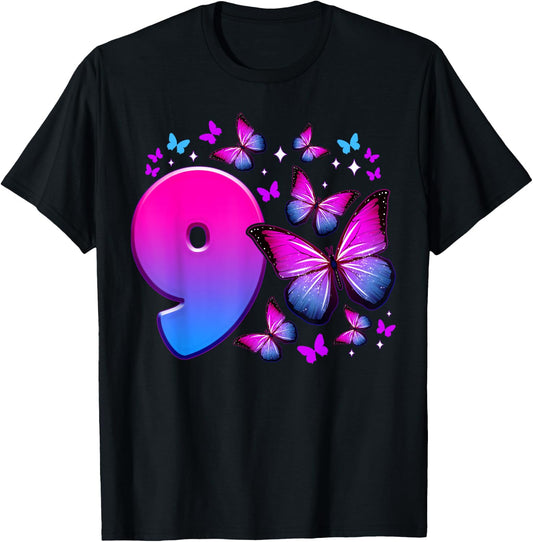 Birthday Girl 9 Years Old Butterfly Number 9 , black T-Shirt