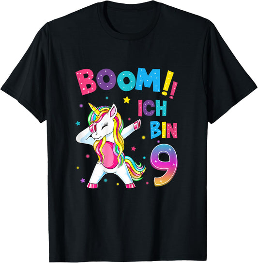 9 Birthday Girl 9 Years Dancing Funny Unicorn , black T-Shirt