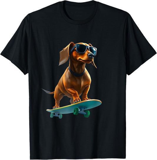 Badger on Skateboard - Funny Dog , Black, S T-Shirt