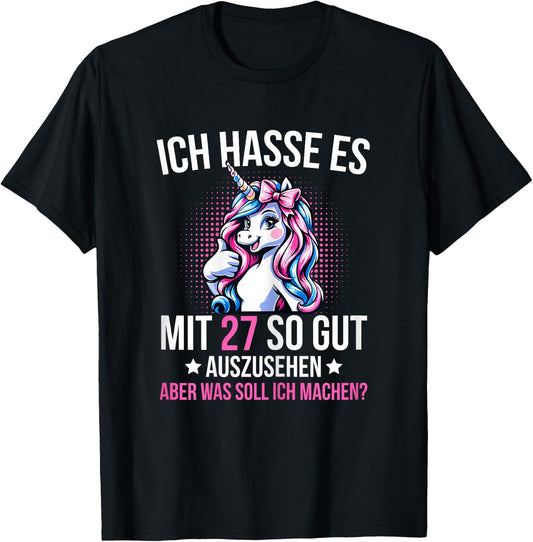 27th Birthday Woman 27 Years Unicorn Decorative , black T-Shirt
