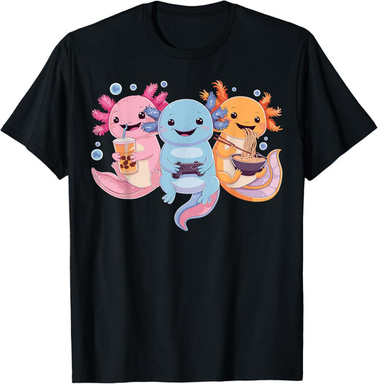 Axolotl Boba Tea Bubble Tea Axolotl Gaming Ramen Axolotl , Small, Black T-Shirt