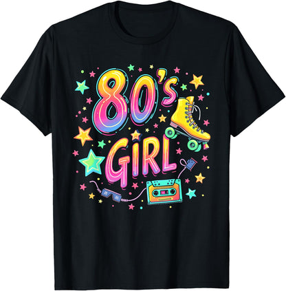 Girls 80s Retro Roller Skates , Black, S T-Shirt