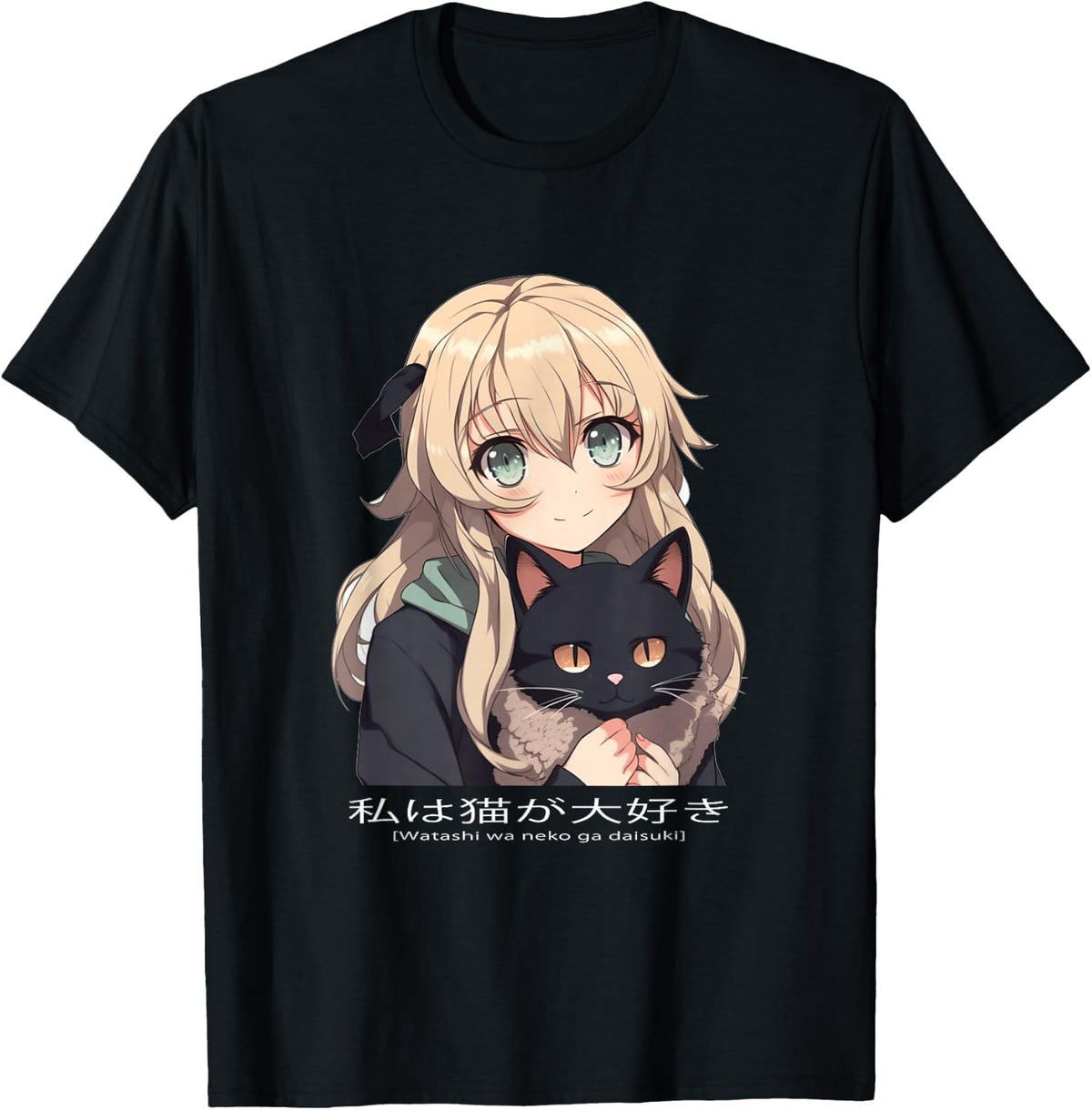 Kawaii Anime Neko Cat Girl Manga Otaku Lover , black T-Shirt