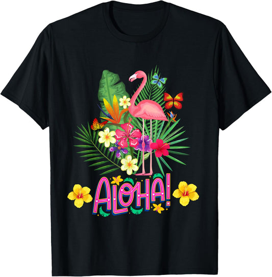 Aloha Flamingo Tropical Flowers and Butterflies , Black, S T-Shirt