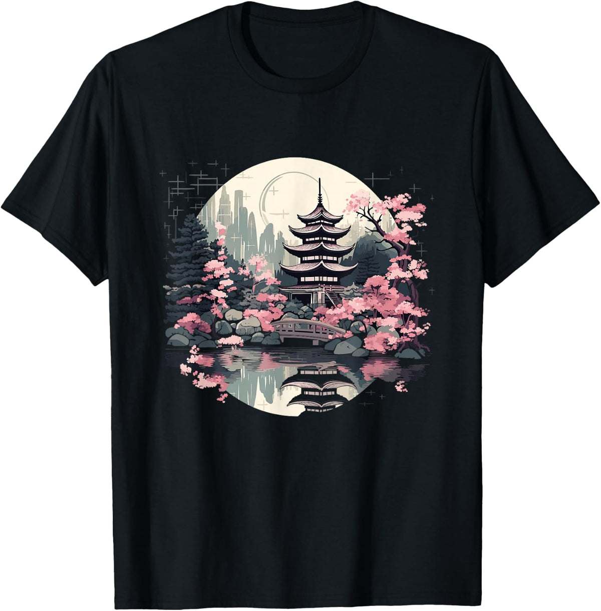 Japanese Landscape with Japanese Cherry Blossoms , black T-Shirt