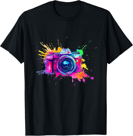 Artistic touch with camera and bright colors , Black, S T-Shirt