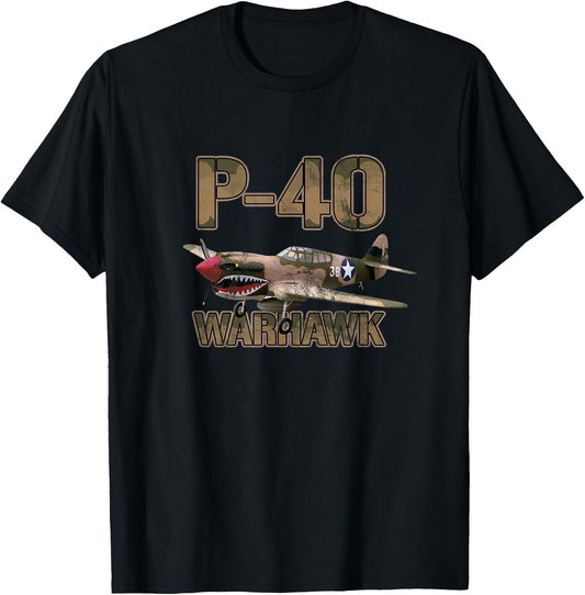 Airplane Shirt Gifts for Veterans P-40 Warhawk WWII Fighter Gift - Black, , Short Sleeve, Modern, Military, Casual, Adult, Sports, , Small T-Shirt