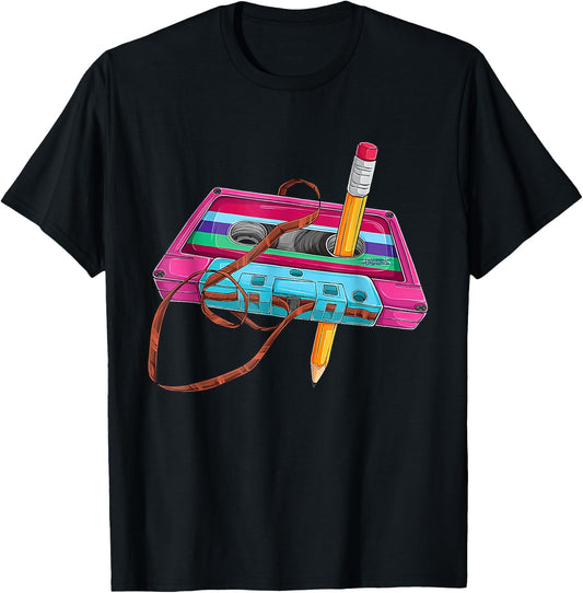 80 90s Outfit Women's Men's Party Fancy Dress Cassette , black T-Shirt