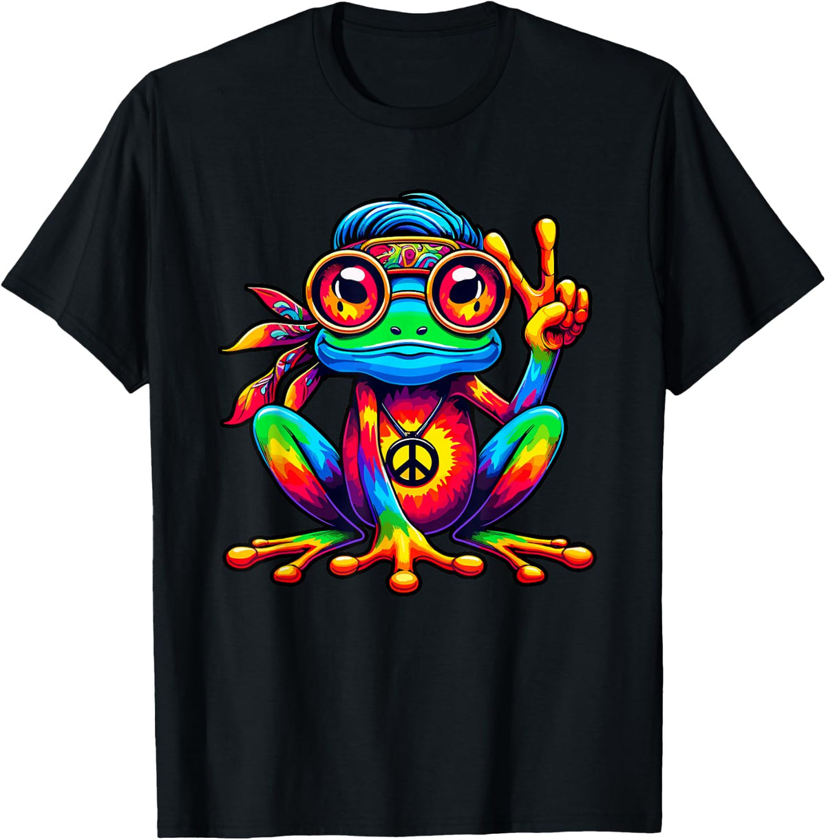 Hippie Frog Costume Tie Dye Peace Sign 70s Party 60s , Black, S T-Shirt