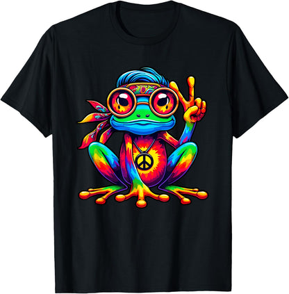 Hippie Frog Costume Tie Dye Peace Sign 70s Party 60s , Black, S T-Shirt