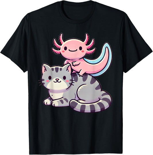 Anime Kawaii Axolotl Cat Kitten , Small, Black T-Shirt
