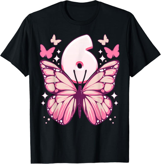 Birthday Girl 6 Years, Butterflies and Number 6 , black T-Shirt