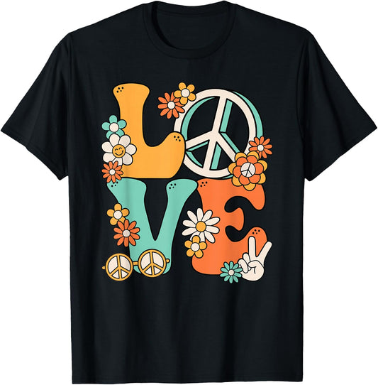 60s 70s Hippie Love Peace Groovy Party Outfit Retro , black T-Shirt