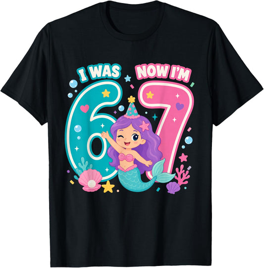7th Birthday Mermaid Girl I was 6 Now Im 7 Party T-Shirt