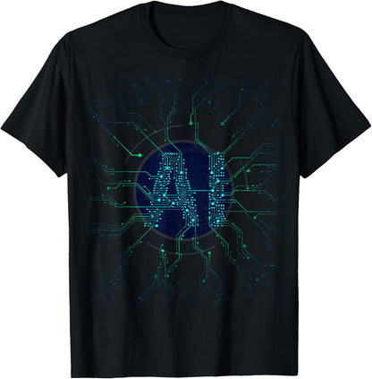 Artificial Intelligence Blue AI Letters Electronic Style , black T-Shirt