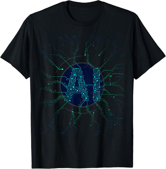 Artificial Intelligence Blue AI Letters Electronic Style , black T-Shirt