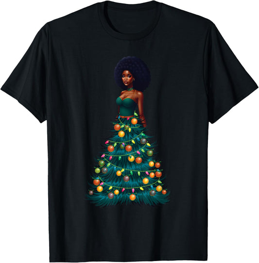 African American Woman Christmas Tree Dress Xmas Decor T-Shirt