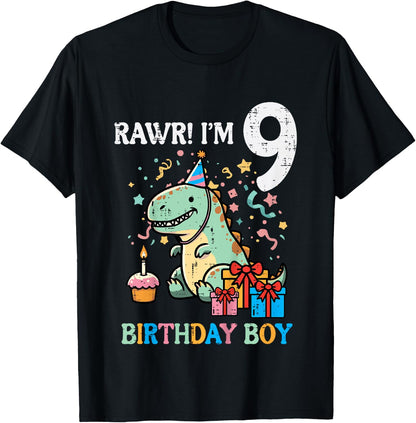 Kids Rawr Im 9 Dinosaur Birthday Boy Cute 9th Bday Trex Boys Kids T-Shirt
