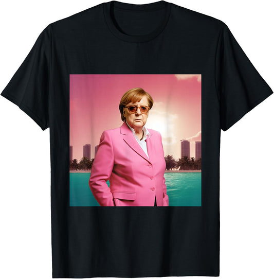Angela Merkel Wearing Pink Suit in Miami, Digital Art , black T-Shirt