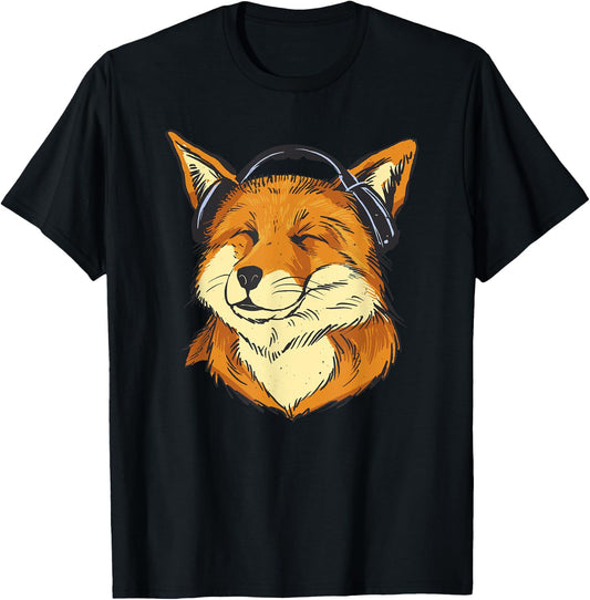 with Headphones Fox with Headphones Happy Fox Listens to Music, black T-Shirt