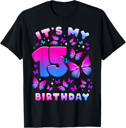 Birthday Girl 15 Years Old Butterfly Number 15 T-Shirt