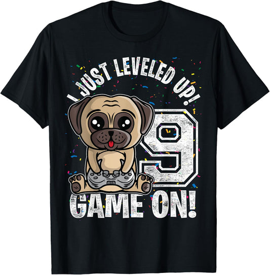 9 Years Old 9th Birthday Pug Dog Boy Girl Gifts Video Game T-Shirt