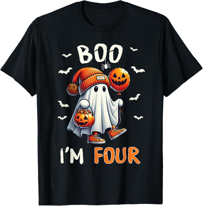 Boo I'm Four Ghost 4th Birthday Halloween Boy Kids Groovy T-Shirt