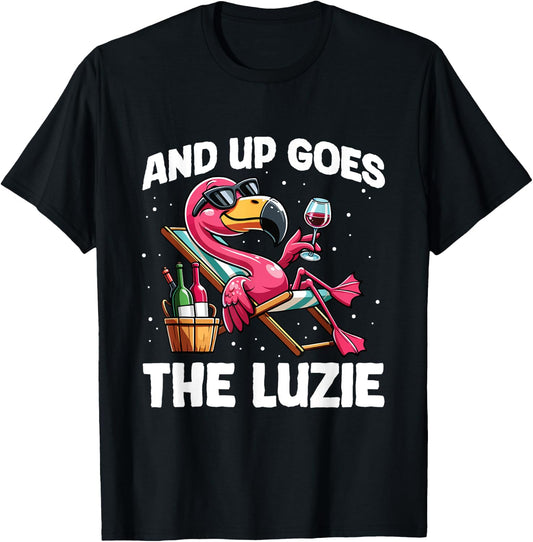 And Up Goes The Luzie Flamingo Wine Party Holiday Celebration , black T-Shirt