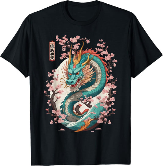 Aesthetic Dragon Streetwear Japanese Cherry Blossom , black T-Shirt