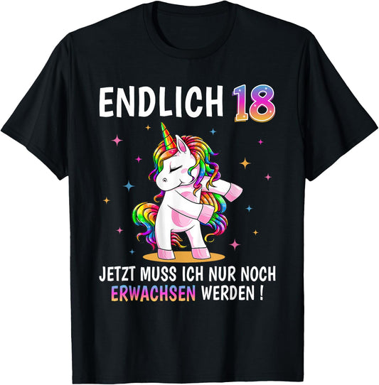 18th Birthday Girls Women Party Outfit Funny Unicorn , black T-Shirt