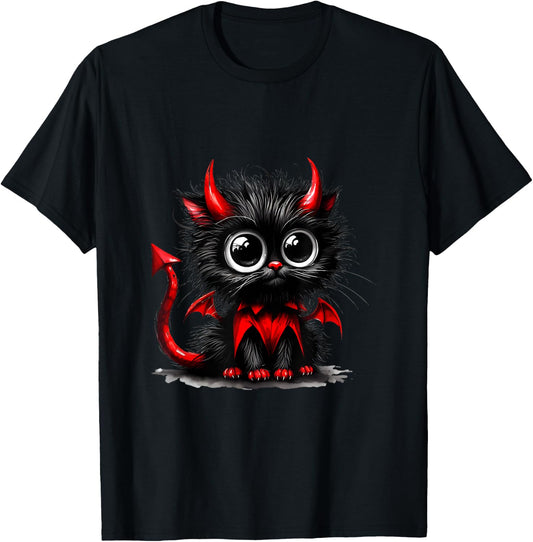 Adorable Cat Kitten Halloween Black Devil Cartoon , Black, S T-Shirt