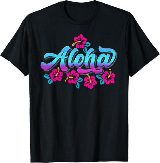 Aloha Retro Hibiscus Flowers Hawaiian Islands Hawaii Surfer , Black, S T-Shirt
